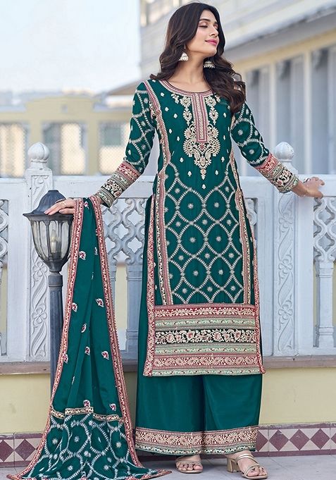 Dark Teal Embroidered Silk Kurta Set