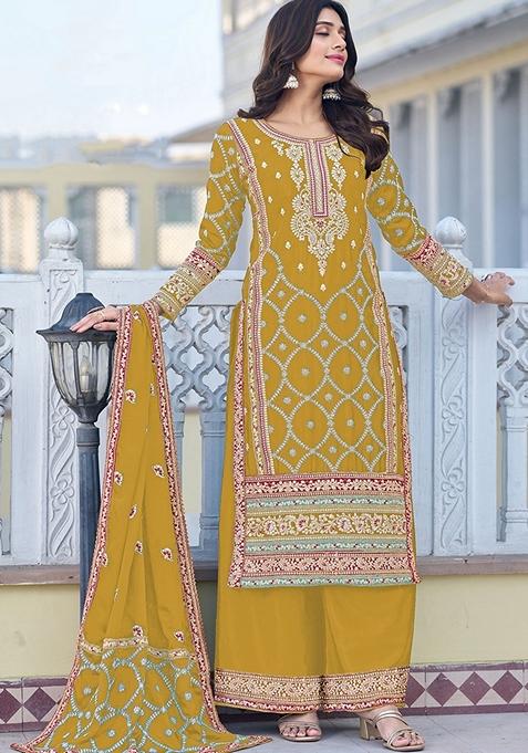 Mustard Embroidered Silk Kurta Set