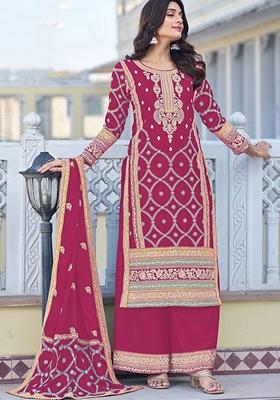Magenta Embroidered Silk Kurta Set