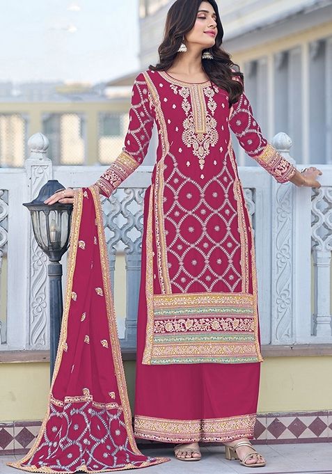 Magenta Embroidered Silk Kurta Set