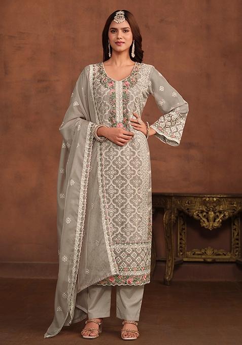 Grey Embroidered Organza Kurta Set