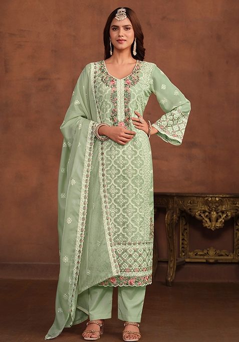 Light Green Embroidered Organza Kurta Set