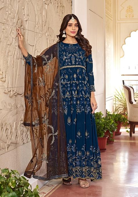 Navy Blue Embroidered Faux Georgette Kurta Set