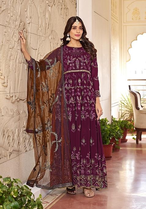 Wine Embroidered Faux Georgette Kurta Set