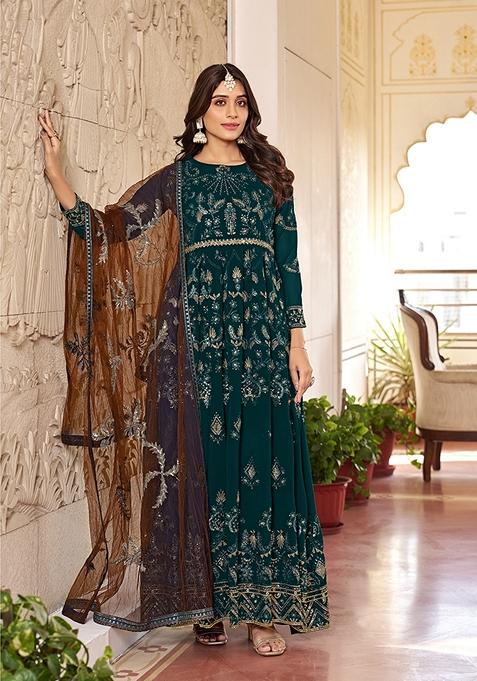 Dark Green Embroidered Faux Georgette Kurta Set