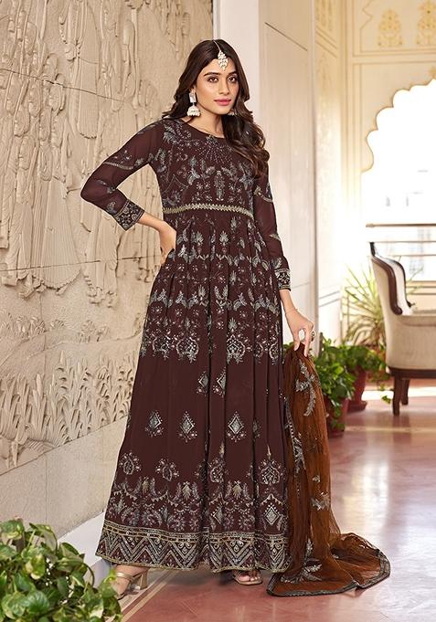 Chocolate Brown Embroidered Faux Georgette Kurta Set