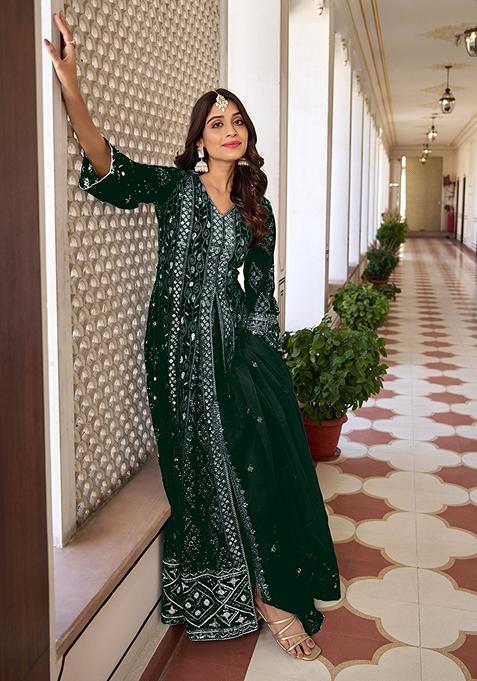 Dark Green Embroidered Faux Georgette Kurta Set