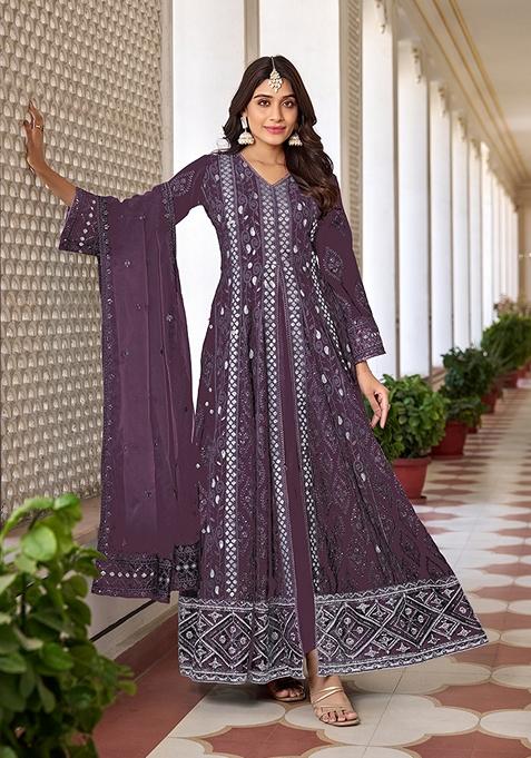 Dark Mauve Embroidered Faux Georgette Kurta Set