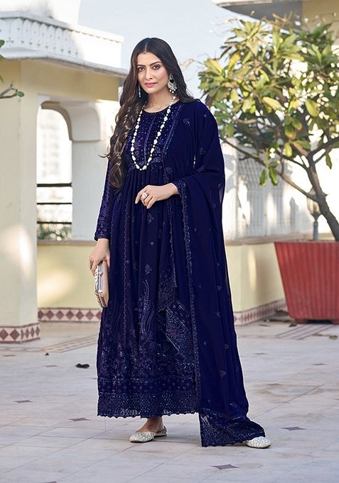 Navy Blue Embroidered Georgette Kurta Set