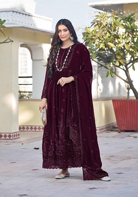 Dark Wine Embroidered Georgette Kurta Set