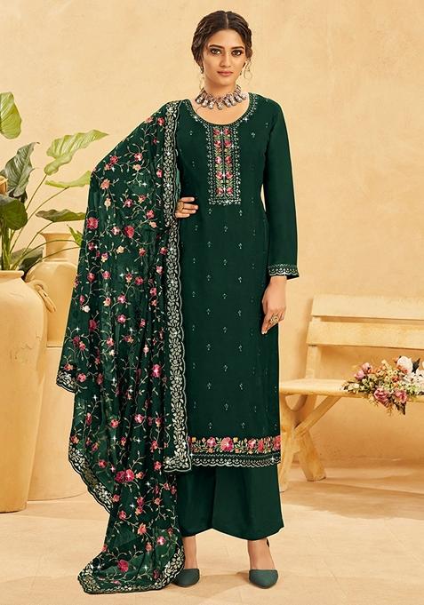 Dark Green Embroidered Organza Kurta Set