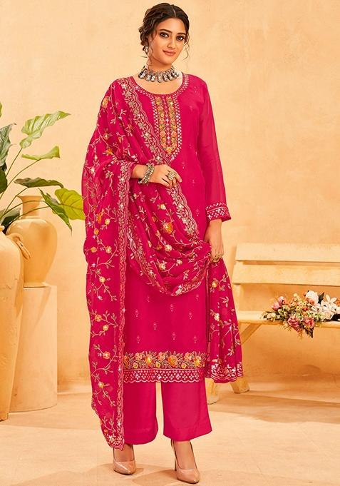 Rani Pink Embroidered Organza Kurta Set