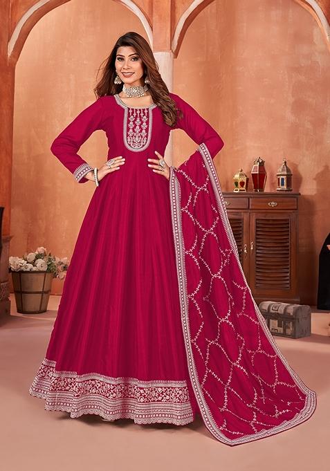 Dark Pink Embroidered Art Silk Kurta Set