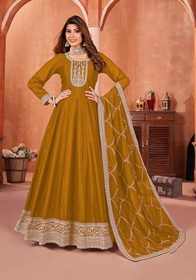 Dark Mustard Embroidered Art Silk Kurta Set