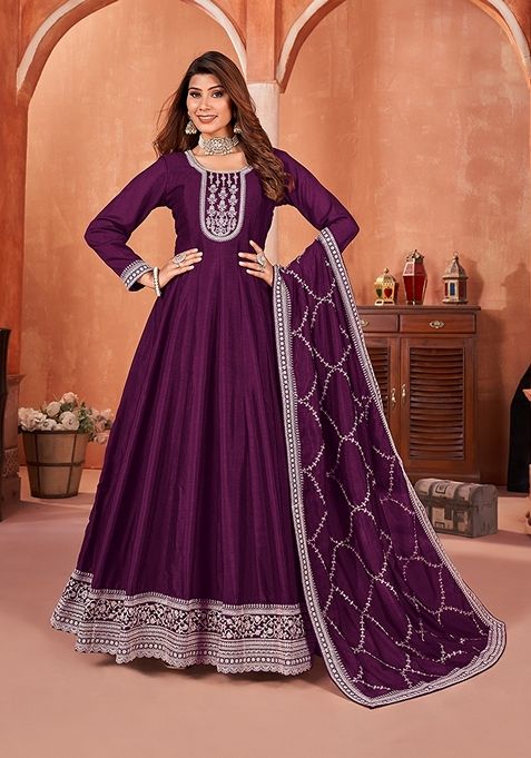 Dark Purple Embroidered Art Silk Kurta Set