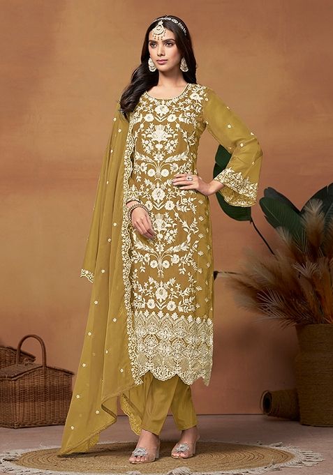 Olive Embroidered Organza Kurta Set