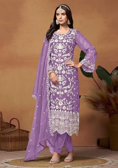 Lavender Embroidered Organza Kurta Set