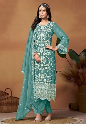 Light Teal Embroidered Organza Kurta Set