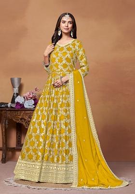 Mustard Embroidered Silk Kurta Set