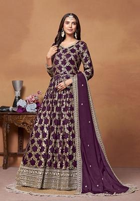 Dark Purple Embroidered Silk Kurta Set