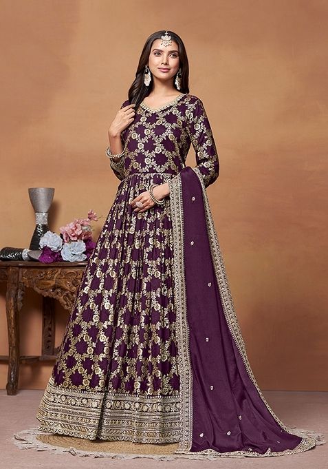 Dark Purple Embroidered Silk Kurta Set