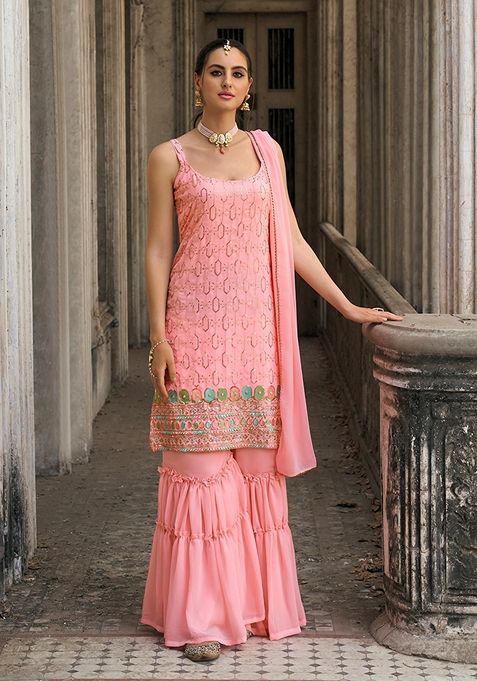 Light Pink Embroidered Faux Georgette Kurta Set