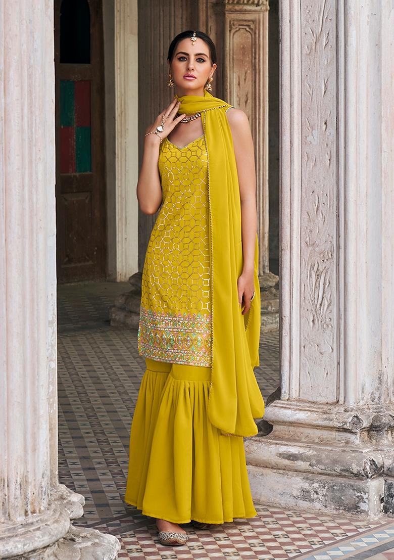Mustard Embroidered Faux Georgette Kurta Set