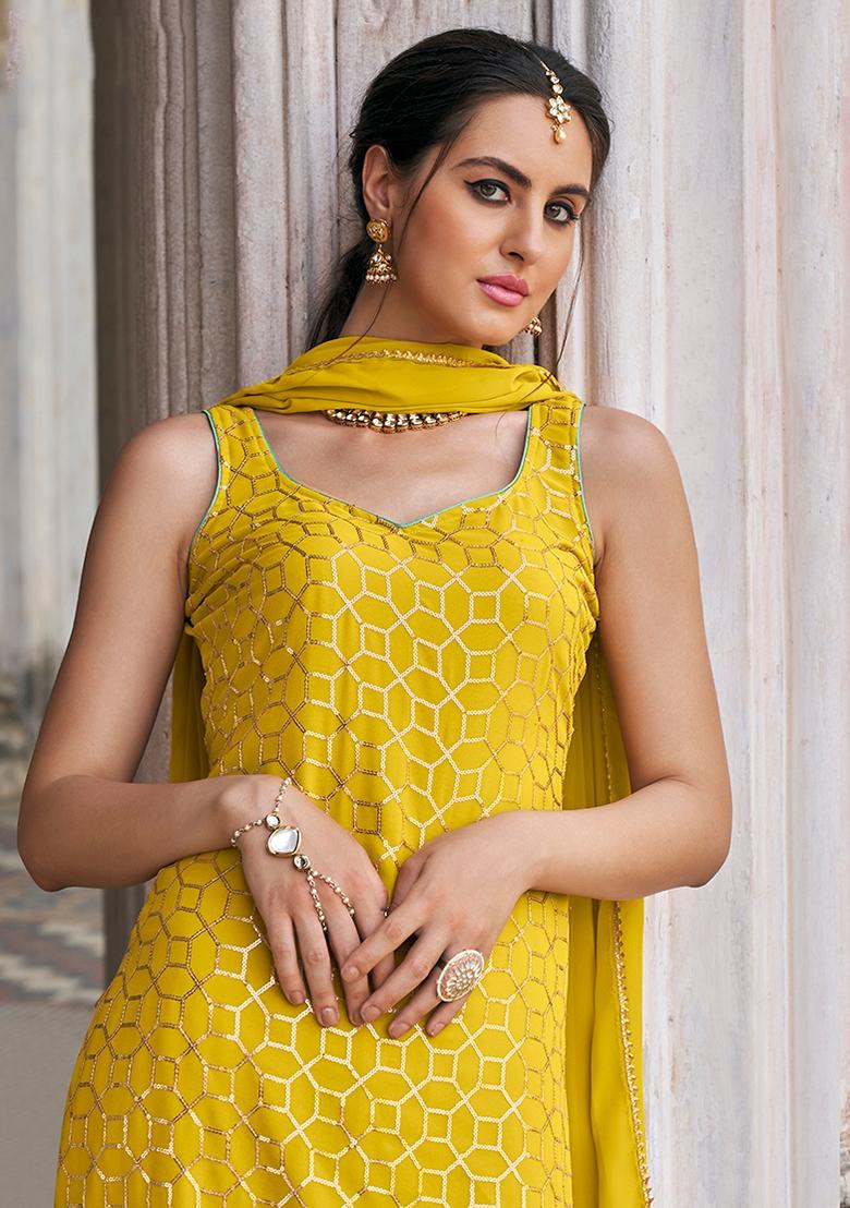 Mustard Embroidered Faux Georgette Kurta Set