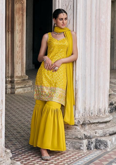 Mustard Embroidered Faux Georgette Kurta Set