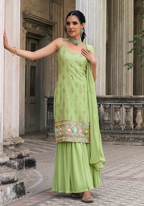 Light Green Embroidered Faux Georgette Kurta Set