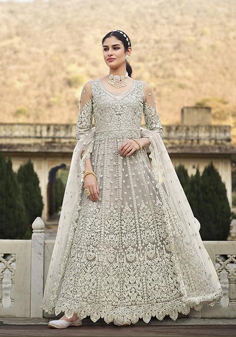 Grey Embroidered Net Kurta Set