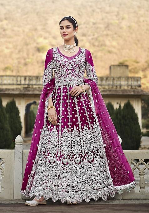 Rani Pink Embroidered Net Kurta Set