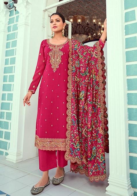 Rani Pink Embroidered Georgette Kurta Set