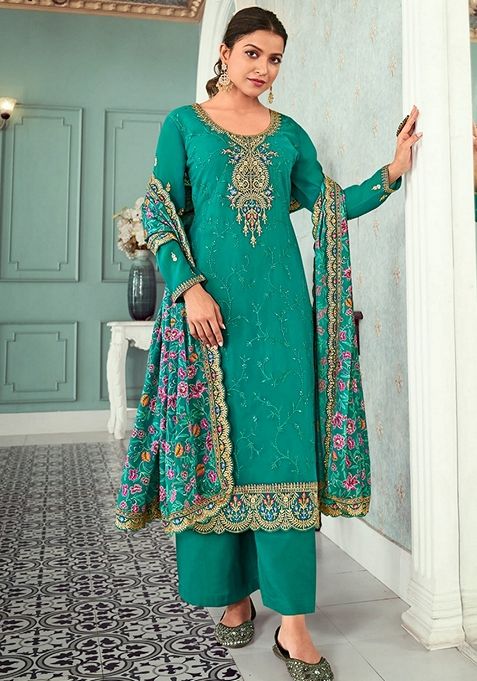 Sea Green Embroidered Georgette Kurta Set