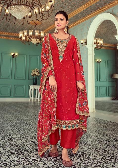 Red Embroidered Georgette Kurta Set