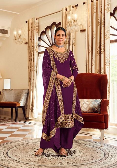 Dark Purple Embroidered Silk Kurta Set