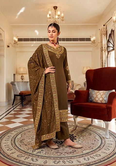 Brown Embroidered Silk Kurta Set