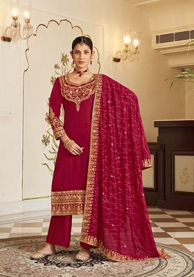 Dark Magenta Embroidered Silk Kurta Set