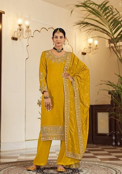 Mustard Embroidered Silk Kurta Set