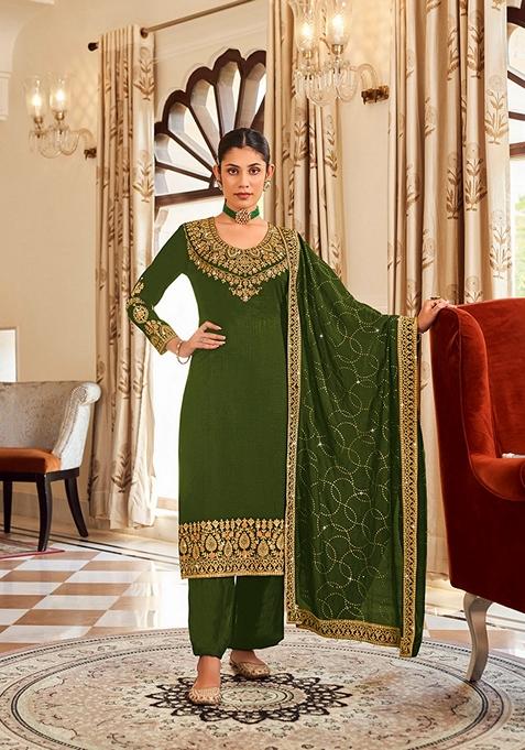 Mehendi Embroidered Silk Kurta Set