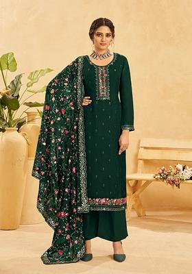 Dark Green Resham Embroidered Organza Kurta Set