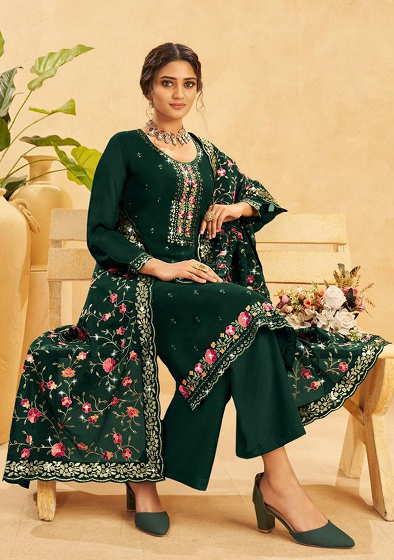 Dark Green Resham Embroidered Organza Kurta Set
