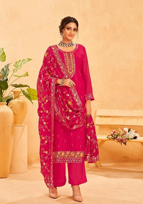 Dark Pink Resham Embroidered Organza Kurta Set