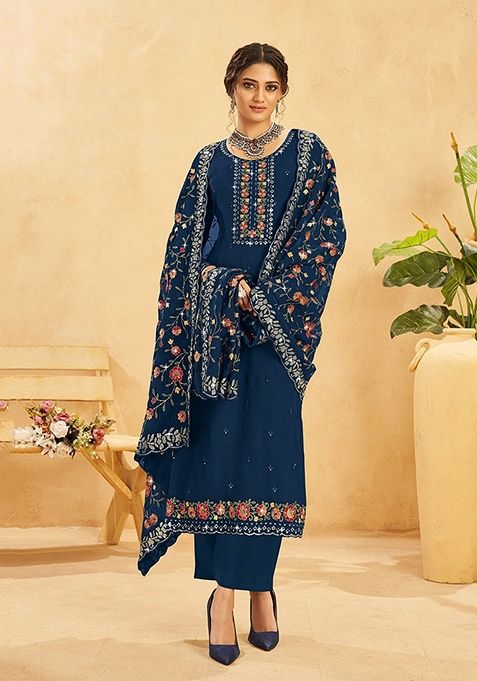 Navy Blue Resham Embroidered Organza Kurta Set