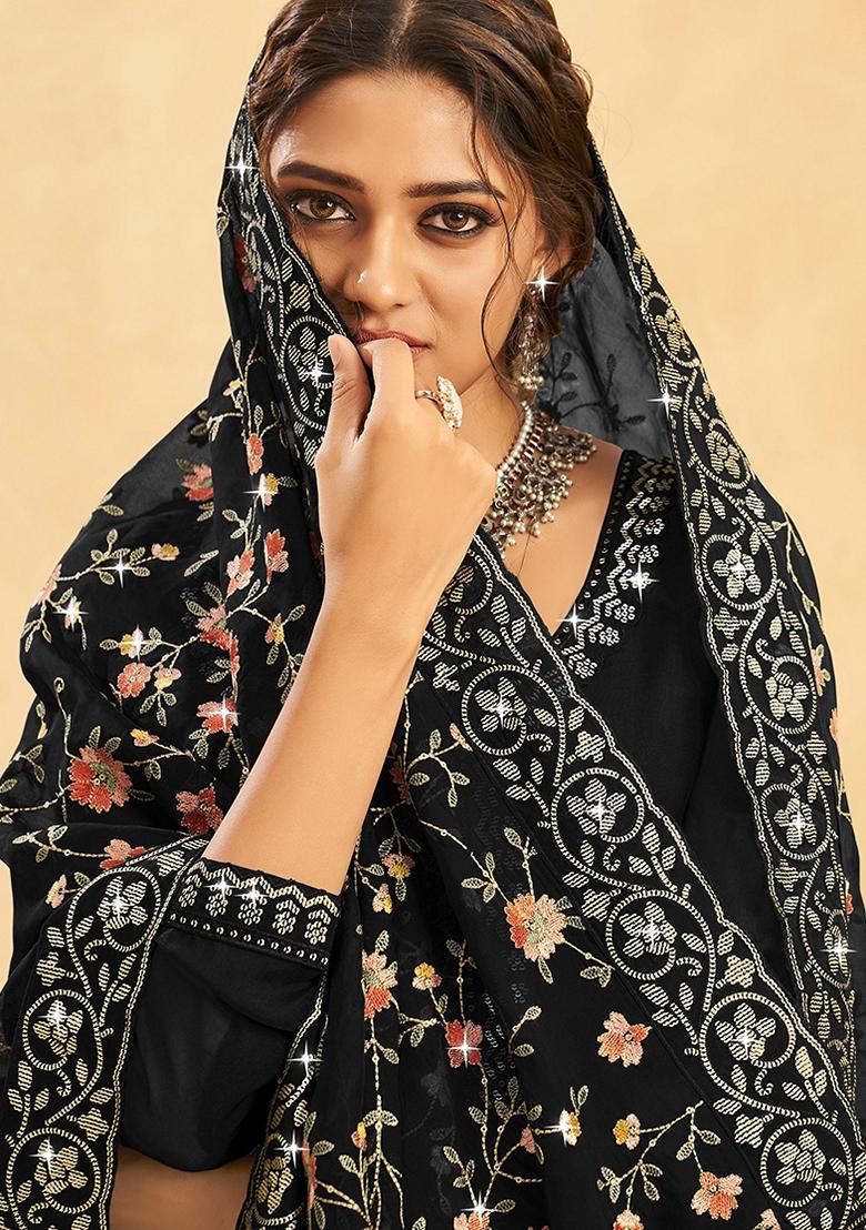 Black Resham Embroidered Organza Kurta Set