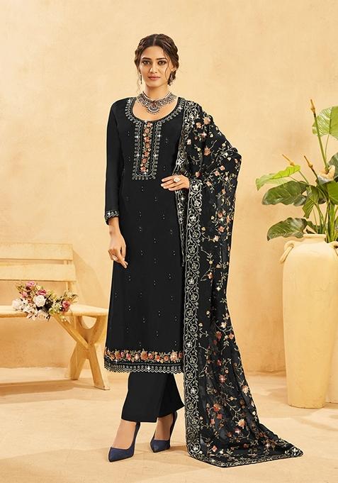 Black Resham Embroidered Organza Kurta Set