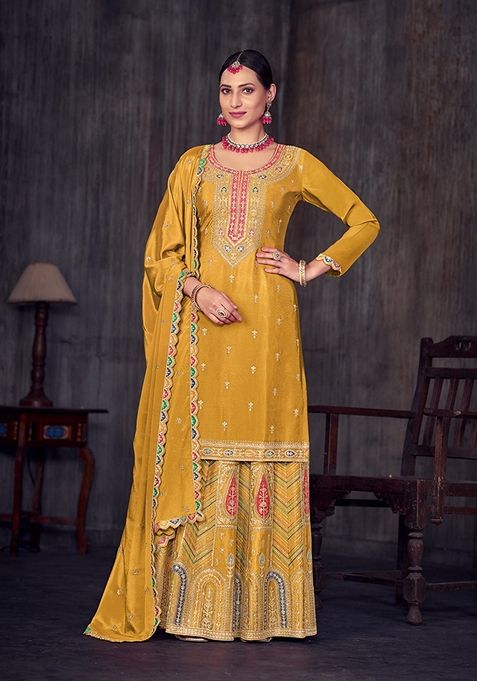 Mustard Embroidered Silk Kurta Set