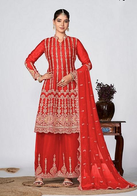 Red Embroidered Silk Kurta Set