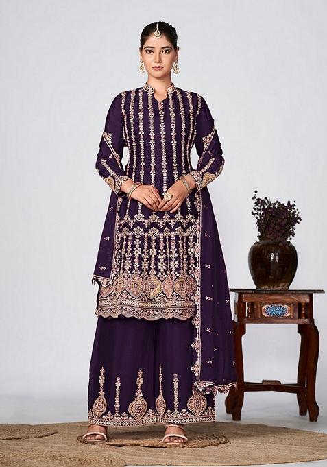 Dark Violet Embroidered Silk Kurta Set