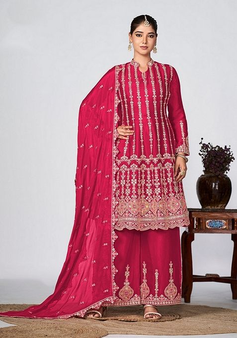 Dark Magenta Embroidered Silk Kurta Set